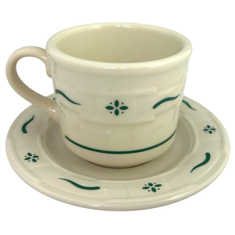 Longaberger Woven Traditions Cup and Saucer Set 7.5oz Green Traditional